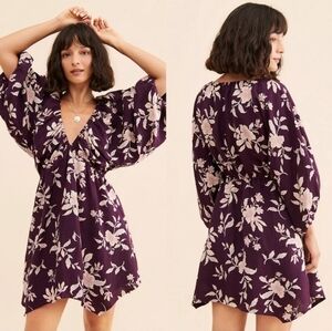 Free People Portia Printed Mini Dress Black Cherry Purple Floral Women's Size L
